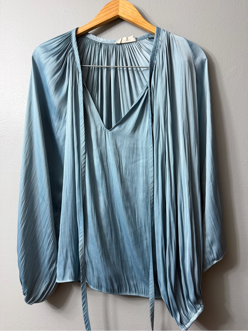 By Together Light Blue Pleated V-Neck Blouse with Scarf Tie small